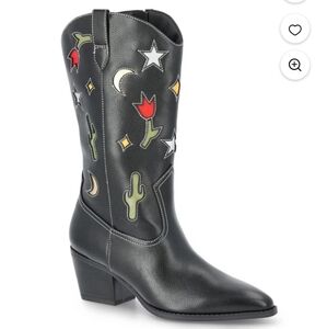 No Boundaries Black Western Heeled Boots with Floral & Celestial Appliqués